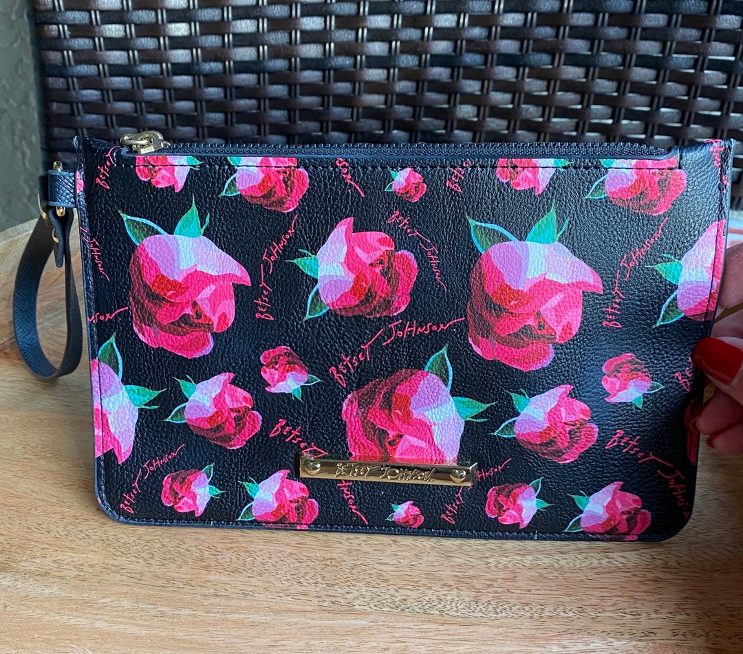 Vintage Betsey Johnson Floral Black Pink Roses Wristlet Edgy Etsy