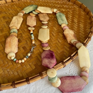 Vintage Carved Bone Beaded Necklace: Geometric Tribal Boho Chic, 35&quot; Long