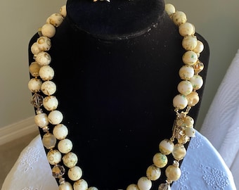 Vintage Vendome necklace and earrings demi parure set rhinestone marbled beads mid century