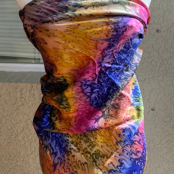 Vintage China Silk scarf top shawl, boho psychedelic tie dye water droplets movement lava lamp vibes multi colored abstract festival