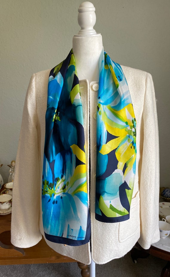Adrienne Landau Studio silk scarf floral blues ye… - image 1