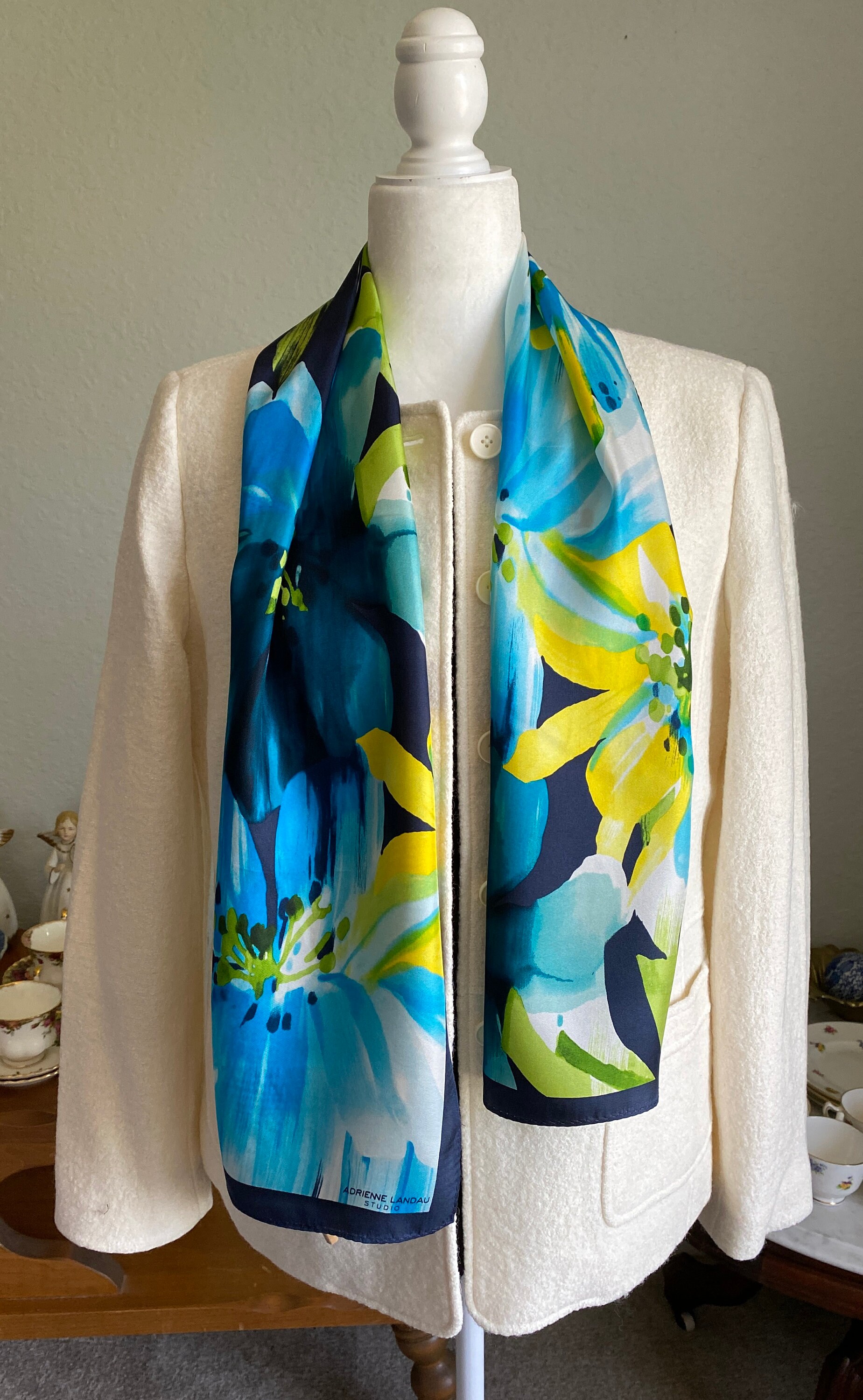 AnnieAllVintage Adrienne Landau Studio 1980s Style Silk Scarf Floral Navy and Bright Blues Yellows Green Bold Blossoms Watercolor Painting Vibes