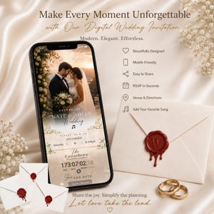 May include: A smartphone displaying a digital wedding invitation featuring a couple, the text "Nate & Ahley Wedding," and a countdown timer. Beside the phone is a cream-coloured envelope with a red wax seal and two gold wedding bands.