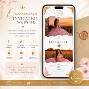 May include: A quinceañera invitation website design featuring a smartphone displaying a pink dress and event details. The design includes gold accents, floral elements, and the text "Quinceañera Invitation Website". Additional icons represent features like mobile-friendliness and RSVP forms.