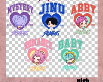 May include: A collection of PNG images featuring cartoon character designs with text. The designs include the words "MYSTERY", "JINU", "ABBY", "ROMANCE", and "BABY", each within a heart-shaped graphic. The text "SAJA BOYS", "EST. 2025", "PNG IMAGES", and "High Resolution" are also present.