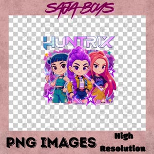 May include: A digital illustration featuring three anime-style girls with vibrant hair colors: blue, purple, and red. The image includes the text "HUNTRIX" and "SATA BOYS" along with "PNG IMAGES" and "High Resolution". The girls are surrounded by stars.