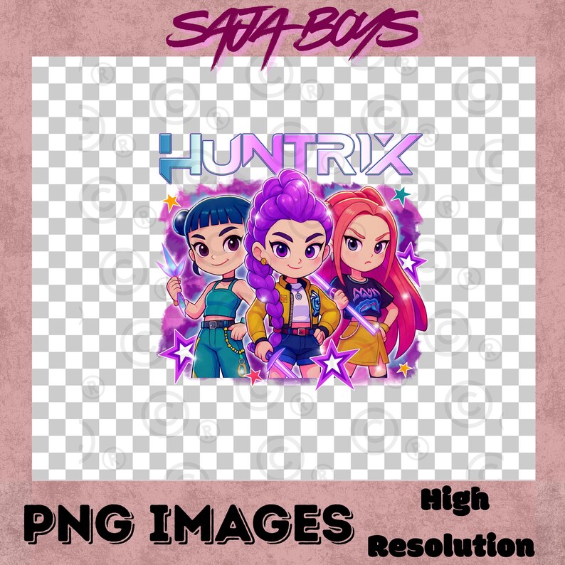 May include: A digital illustration featuring three anime-style girls with vibrant hair colors: blue, purple, and red. The image includes the text "HUNTRIX" and "SATA BOYS" along with "PNG IMAGES" and "High Resolution". The girls are surrounded by stars.
