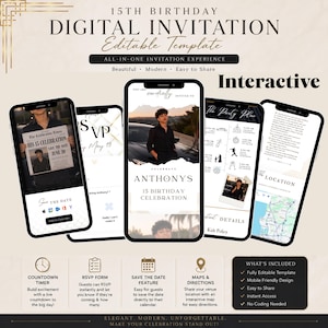 Può includere: Modello di invito digitale per una festa del 15° compleanno. Il design include più mockup di smartphone che mostrano i dettagli dell'evento, le informazioni RSVP e un timer per il conto alla rovescia. L'invito è descritto come elegante, moderno e facile da condividere.
