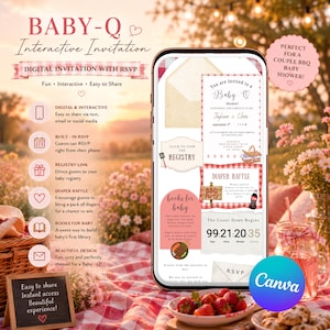 Op de afbeelding: Een digitale uitnodiging voor een babyshower op een smartphonescherm. De uitnodiging bevat details, RSVP-informatie en een luierloterij. Het ontwerp heeft een picknickthema met aardbeien, koekjes en een afteltimer.