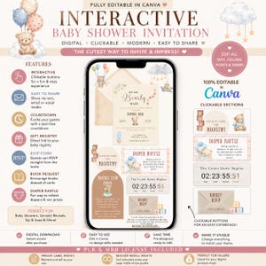 Puede incluir: Una plantilla de invitación interactiva para baby shower, totalmente editable en Canva. El diseño presenta un teléfono inteligente que muestra la invitación, con botones en los que se puede hacer clic, un temporizador de cuenta regresiva e información del registro. Incluye un osito de peluche y globos.