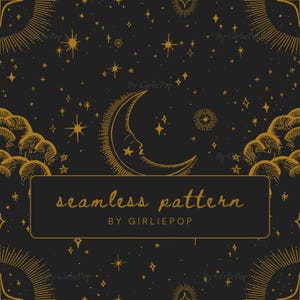 Puede incluir: Un patrón continuo con elementos celestiales dorados sobre un fondo gris oscuro. El diseño incluye una luna creciente con rostro, varias estrellas, soles y nubes. El texto "seamless pattern BY GIRLIEPOP" está centrado.