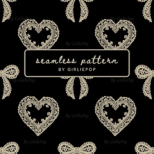 Puede incluir: Un patrón sin costuras con corazones y lazos de encaje beige sobre un fondo negro. Un recuadro rectangular central contiene el texto seamless pattern BY GIRLIEPOP. El diseño repite estos elementos decorativos por toda la superficie.