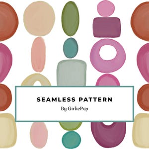 Puede incluir: Un patrón sin costuras con varias formas abstractas en tonos terracota, verde oliva, rosa y beige. Un recuadro central con borde verde azulado contiene el texto negro SEAMLESS PATTERN By GirliePop sobre un fondo blanco.