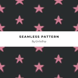 Puede incluir: Un patrón sin costuras con estrellas rosas dibujadas a mano sobre un fondo gris oscuro. Una banda horizontal blanca en el centro muestra el texto negro SEAMLESS PATTERN By GirliePop en una fuente clara sin remates y con remates.