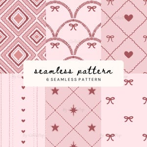 Puede incluir: Una colección de seis patrones sin costuras en tonos rosa y rosa oscuro. Los diseños incluyen formas de diamante, bordes festoneados con lazos, corazones en cuadrados festoneados, líneas punteadas verticales con corazones, estrellas en cuadrícula y lazos dispersos.