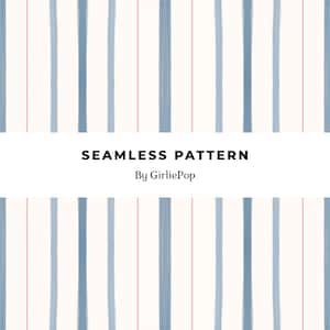 Puede incluir: Un patrón sin costuras con rayas verticales en varios tonos de azul y líneas rosas finas sobre un fondo crema. Una banda horizontal blanca en el centro muestra el texto negro SEAMLESS PATTERN By GirliePop en una fuente clara.