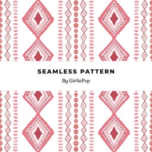 Puede incluir: Un patrón continuo con columnas verticales de formas geométricas rosas y blancas, incluyendo diamantes, círculos y rayas. El texto SEAMLESS PATTERN By GirliePop está centrado horizontalmente en medio del fondo blanco.