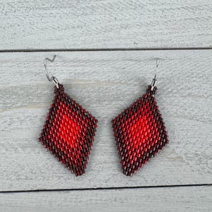 Red Beaded Diamond Earrings Dark Red Earrings Boho Drop Beaded Earrings