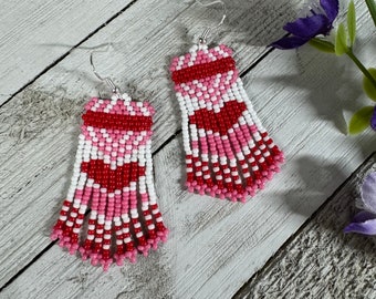 Pink Red White Beaded Earrings - Seed Bead Earrings - Handwoven Beaded Earrings - Beaded Earrings - Handmade Gift for Her