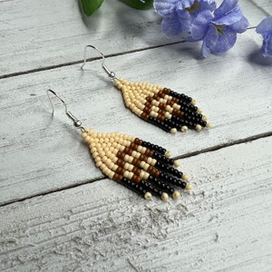 Mini Seed Beaded Earrings 2 inches Long Handmade Jewelry Neutral Color Earrings