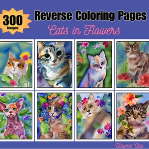 Cats in Flowers Reverse Coloring Book Pages Mega Bundle One