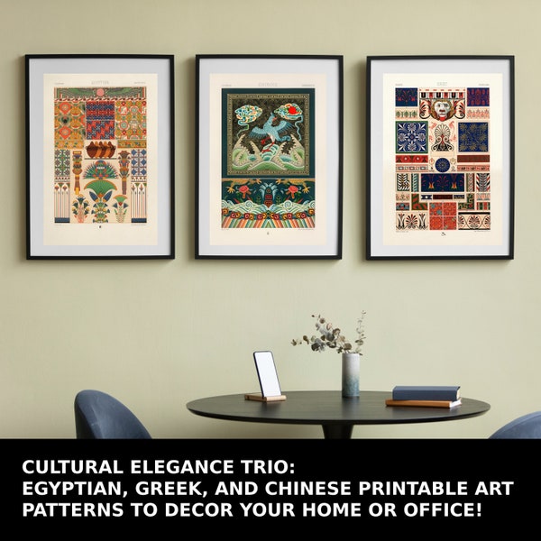 Set of 3: Egyptian, Greek, and Chinese Cultural Printable Art Patterns | Digital Instant Download | Wall Decor | Wall Art | Albert Racinet