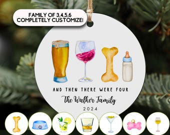And Then There Were Four Ornament, Custom Icon Ornament, Pet Bowl, Beer Wine Whiskey, Baby Bottle, Dog Bowl Pregnancy Announcement Keepsake