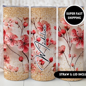 Cherry Blossom Tumbler, Elegant Gift Cherry Blossom Floral Cup Gift for Her, Beautiful Gold Floral Custom Name Cup with Cherry Blossoms