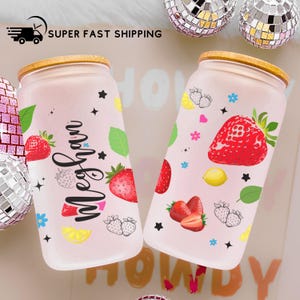 Strawberry Cup, Strawberry Frosted Glass Cup, Strawberry Daisy cup, Strawberry Floral Iced Coffee Glass Cup, Strawberry  Libbey Coffee Cup