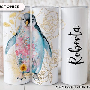 Personalized Penguin Gift for Women, Cute Penguin Tumbler, Penguin Flower Tumbler, Floral Penguin Mug Penguin Themed Gift for Penguin Lovers