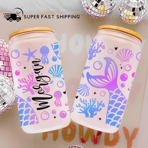 Personalized Mermaid Glass Cup, Custom Mermaid Frosted Glass Cup Tumbler Gifts for Mermaid Lover Mermaid Birthday Gift Iced Coffee Cup Mug
