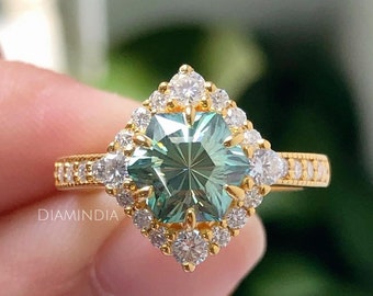 Hexagon Cut Green Moissanite Ring, Halo Moissanite Engagement Ring, Vintage Art Deco Ring, Anniversary Ring For Her