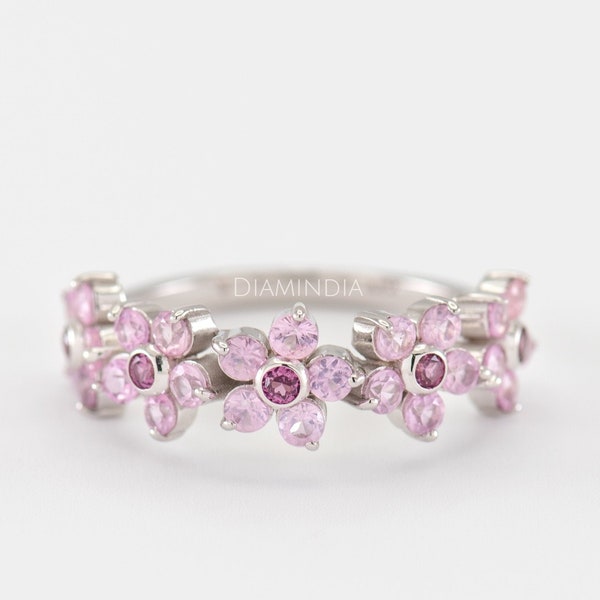 14k Gold Pink Sapphire Flower Ring, Bezel Set Floral Wedding Band, Flower Inspired Half Eternity Band, Vintage Amethyst Wedding Ring