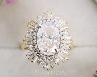 14k Gold Starburst Engagement Ring, 3 Carat Elongated Oval Moissanite Ring, Vintage Art Deco Wedding Ring, Gatsby Ring, Gift for Girlfriend