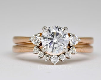 14k Rose Gold Three Stone Moissanite Engagement Ring Set, 1 CT Round Diamond Bridal Ring Set, Curved Diamond Wedding Band, Anniversary Gift