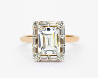 2 Carat Emerald Cut Moissanite Engagement Ring, Vintage Baguette Halo Diamond Wedding Ring, 14k Gold Emerald Lab Diamond Anniversary Ring