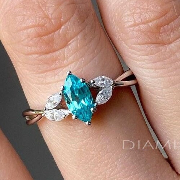 Marquise Cut Blue Moissanite Leaf Vine Ring, Marquise Moissanite Engagement Ring, 14k Solid Gold Wedding Ring, Split Shank Anniversary Ring