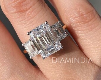 3 Carat Emerald Cut Moissanite Ring, Three Stone Engagement Rings For Her, 14 White Gold Ring, Trilogy Wedding Ring, Anniversary Gift