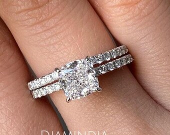 1.5 CT Cushion Cut Moissanite Wedding Ring Set, 14k White Gold Hidden Halo Engagement Ring Set, Unique Pave Set Anniversary Ring Set