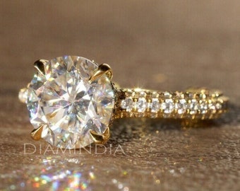 3 Carat Round Engagement Ring, Hidden Halo Moissanite Wedding Ring, 14k Gold Pave Diamond Anniversary Ring, Promise Ring