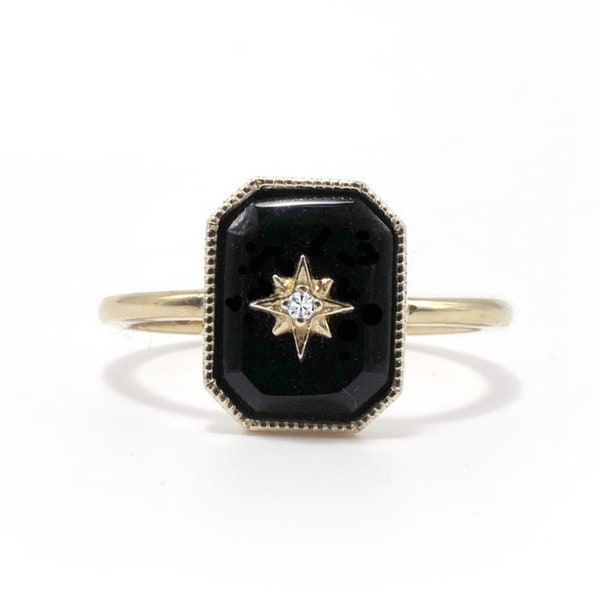 14k Solid Gold Black Onyx Ring North Star Ring Onyx Engagement Ring Emerald Cut Onyx Ring Vintage Onyx Art Deco Ring Celestial Ring