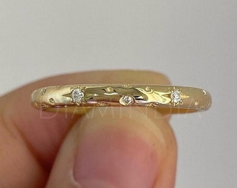 Vintage Star Engraved Wedding Band, 14k Gold Celestial Moissanite Ring, Full Eternity Band Ring, 2 MM Gold Stacking Anniversary Gift for her