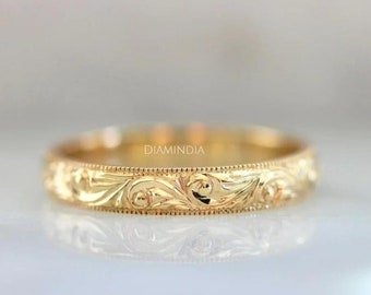 14k Solid Gold Leaf Engraved Wedding Band, Art Nouveau Band Vintage Filigree Band, Gold Stacking Band, Vine Floral Bridal Gift Band