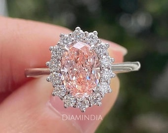 3 Carat Morganite Oval Cut Halo Engagement Ring, Vintage Art Deco Ring, 14k White Gold Solitaire Wedding Ring, Diana Ring, Anniversary Gift