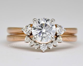 1 CT Round Moissanite Bridal Ring Set, 14k Rose Gold Curved Wedding Band, Three Stone Engagement Ring Set, Anniversary Ring For Women