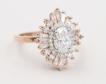 14k Solid Gold Oval Moissanite Engagement Ring, Vintage Cluster Diamond Ring, Lab Diamond Halo Starburst Ring, Promise Ring for her