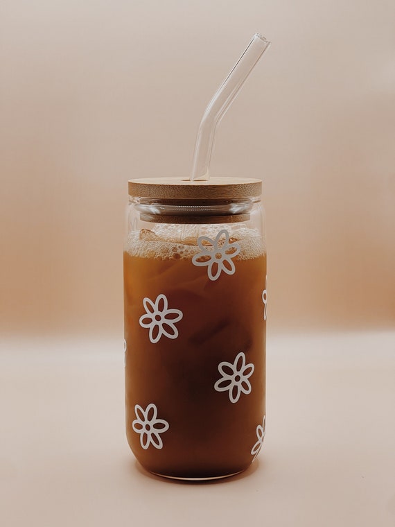 Wildflower Iced Coffee Cup with Lid & Straw, Iced Coffee Glass, 16oz  Tumbler, Coffee Glass Cup with straw