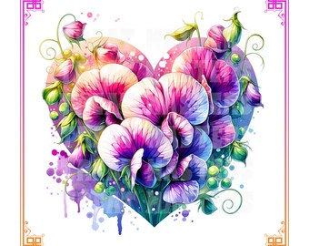 Sweet Pea Flower Heart Clipart, April Birth Month (PNG, SVG)