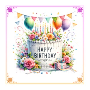 Aquarelle joyeux anniversaire gâteau bougies ballons fleurs bruant Clipart PNG SVG téléchargement numérique pour cartes cadeau art mural usage Commercial