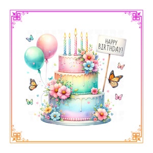Watercolour Pastel Happy Birthday Cake Candles Balloons Clipart PNG SVG Digital Download For Invitation Cards Gift Wall Art Commercial Use
